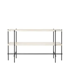 Table d’appoint TS Console 120x30x72 cm, natural white travertine, structure noire, 2 étagères en marbre