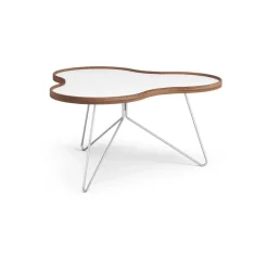 Table Flower 84x90 cm, blanc, 45 cm, bord en noyer, structure chromée