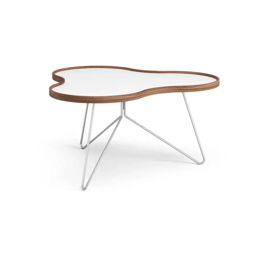Table Flower 84x90 cm, blanc, 45 cm, bord en noyer, structure chromée