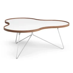 Table Flower 107x114 cm, H45cm-blanc-bord noyer-chrome