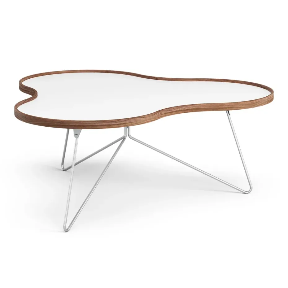 Table Flower 107x114 cm, H45cm-blanc-bord noyer-chrome