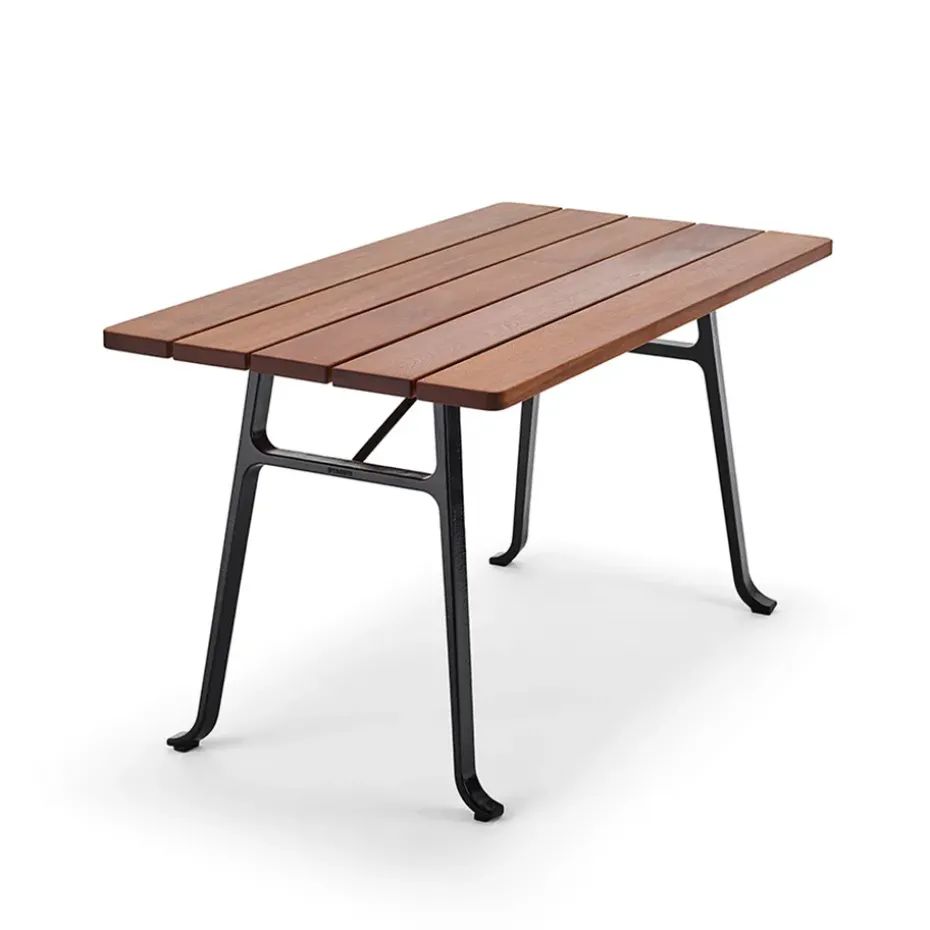 Table Seriff, Huile de acajou, support noir
