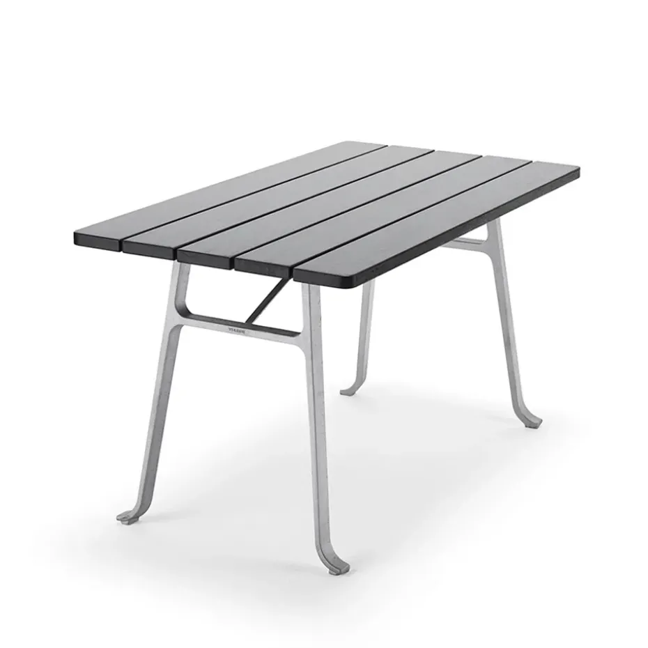 Table Seriff, Lasure acajou noire, support en aluminium brut