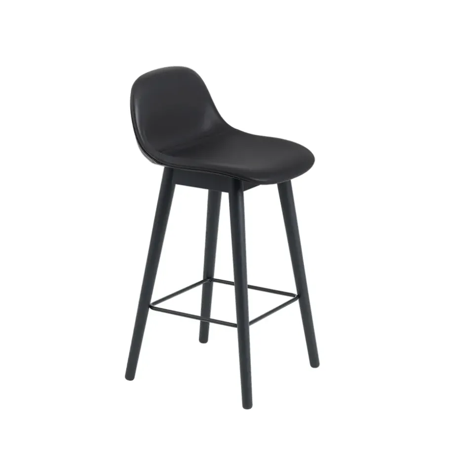 Tabouret de bar Fiber avec dossier 75 cm, Cuir black-pieds noirs