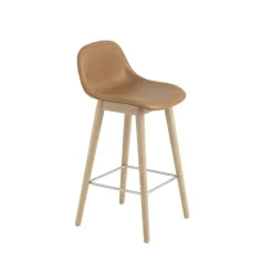 Tabouret de bar Fiber avec dossier 65 cm, Cuir refine cognac-pieds en chêne