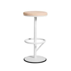 Tabouret de bar Orbit bas, laqué blanc mat, cuir marron clair