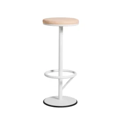Tabouret de bar Orbit haut, laqué blanc mat, cuir marron clair