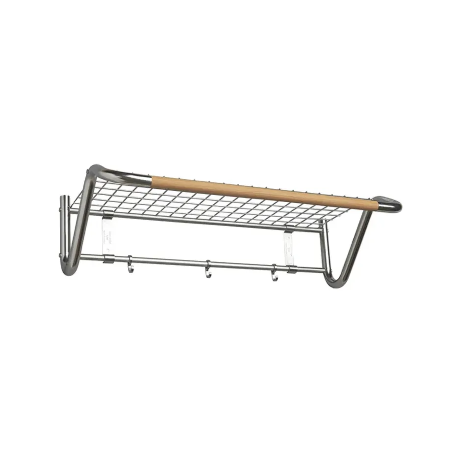 Étagère à chapeaux Funk, acier inoxydable, barre ronde en chêne huilé.